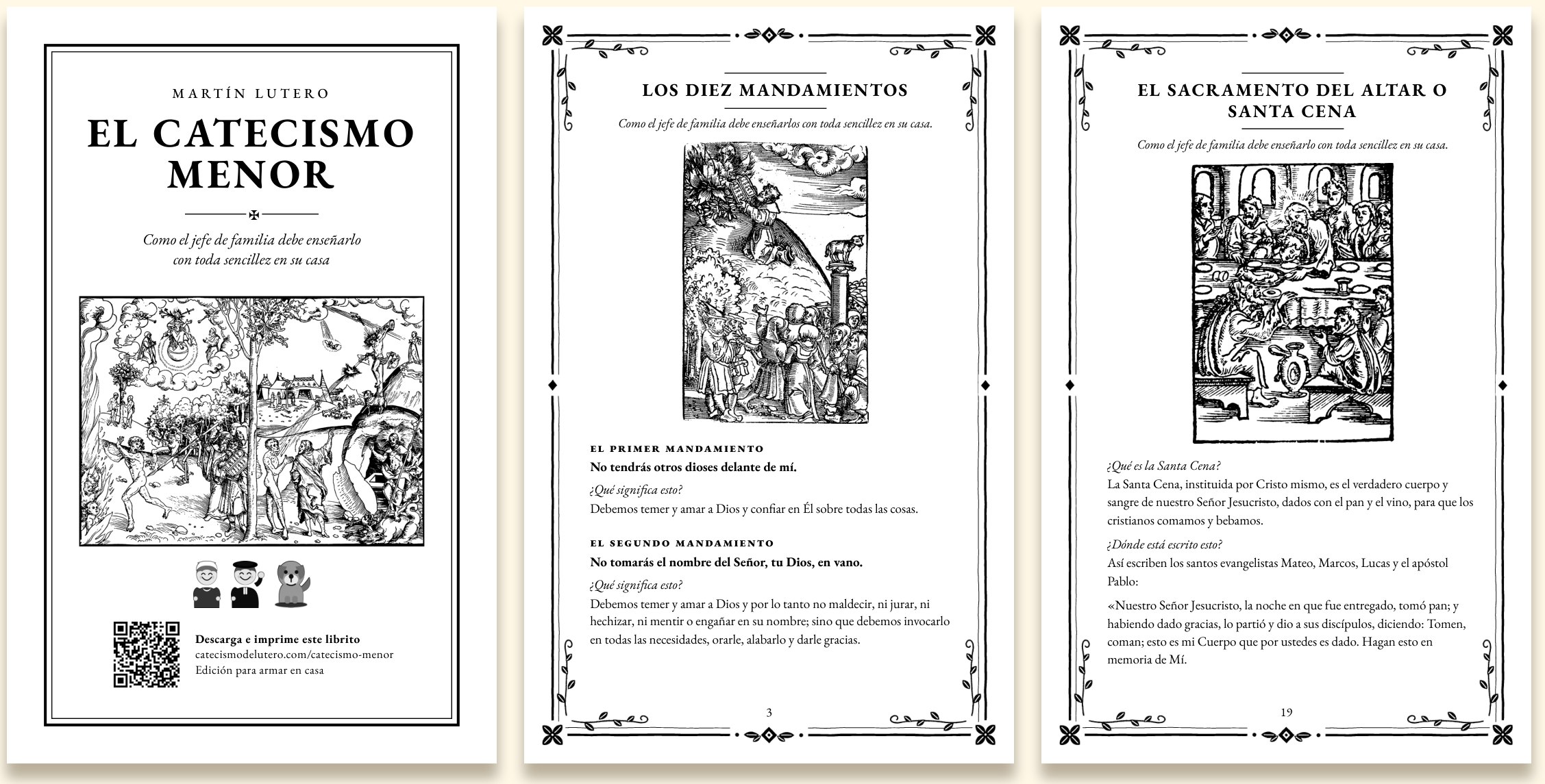 El Catecismo Menor en folleto: portada y dos páginas con grabados del siglo XVI