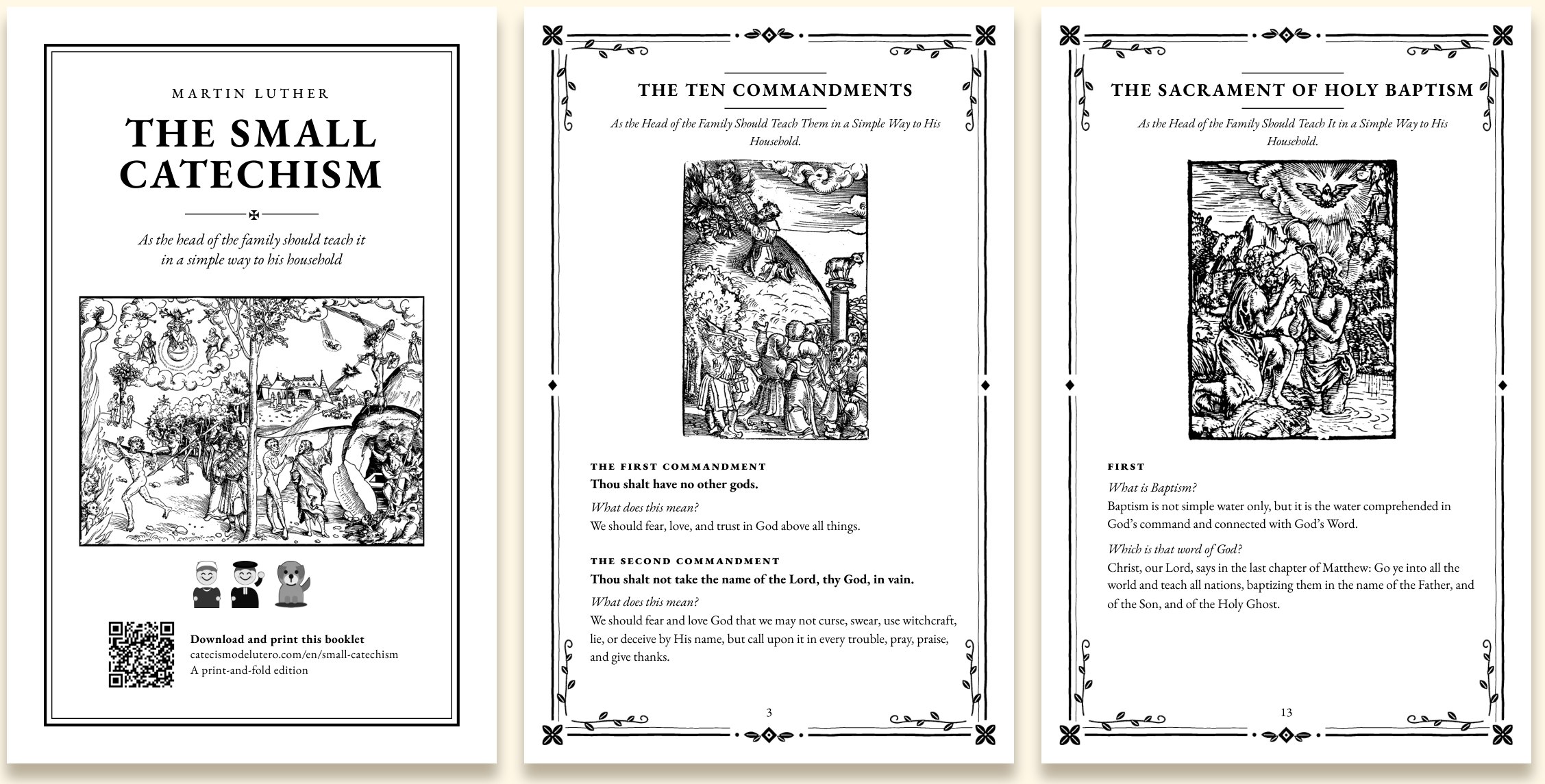 The Small Catechism booklet: cover and two pages with sixteenth-century woodcuts